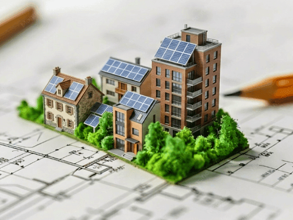 3D model of a sustainable city block with solar panels and vegetation
