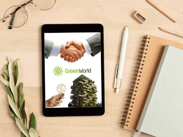 Green World corporate presentation on a tablet on a desk